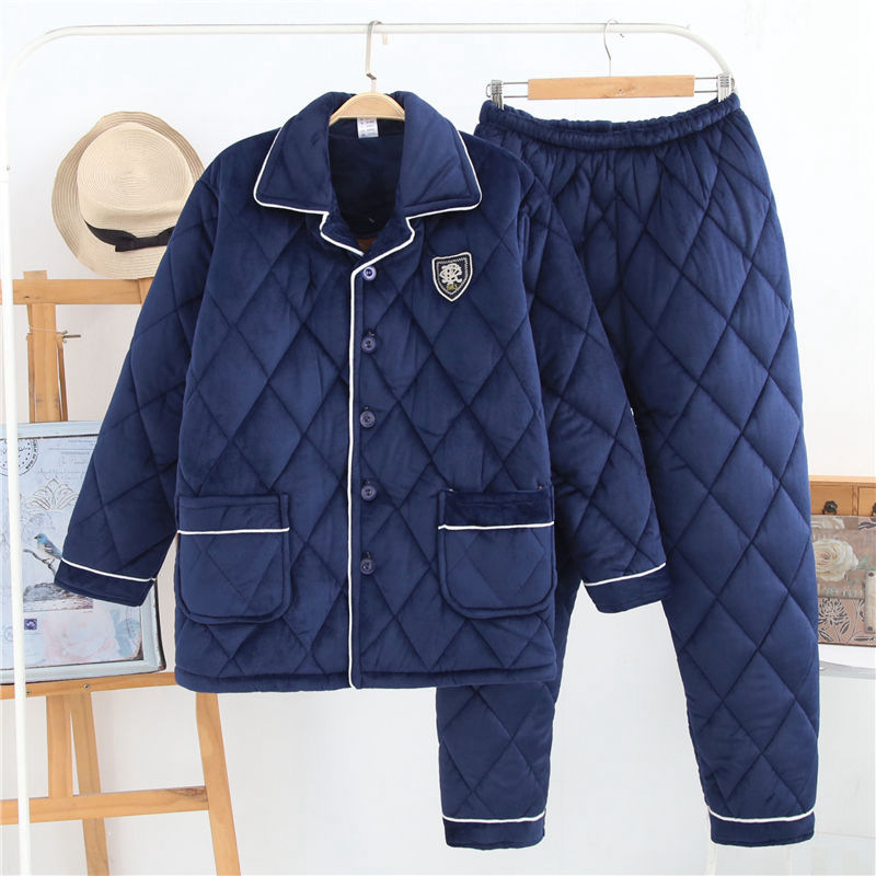Men's Pajamas, Autumn and Winter Thick Cotton-Padded Jackets, Three-Layer Quilted Winter Style, Warm Flannel Home Clothes Set, Casual Style