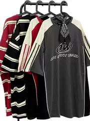 Plus Size Couple Matching Summer New American Retro Color-Block Stitching Short-Sleeve T-Shirt for Men and Women Streetwear Hip-Hop Tee