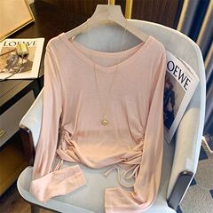 低领露锁骨抽绳恤女夏季温柔甜美收腰辣妹纯色短款薄上衣晒衫