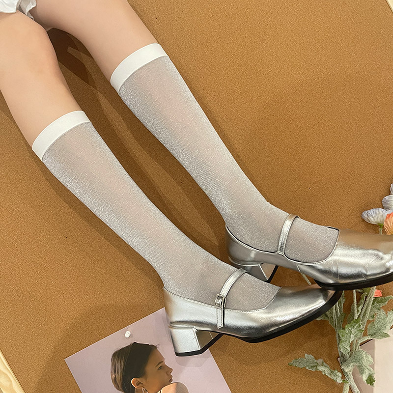 Millennium Y2K Spice Girl Gray Style Wind Bright Silk Silver Light Thin Mid-tube Stacked Stocking Fashionable Girl's Cub Stocking for Women Millennium Y2K Spice Girl Gray Style Wind Bright Silk Silver Light Thin Mid-tube Stacked Stocking Fashionable Girl's Cub Stocking for Women