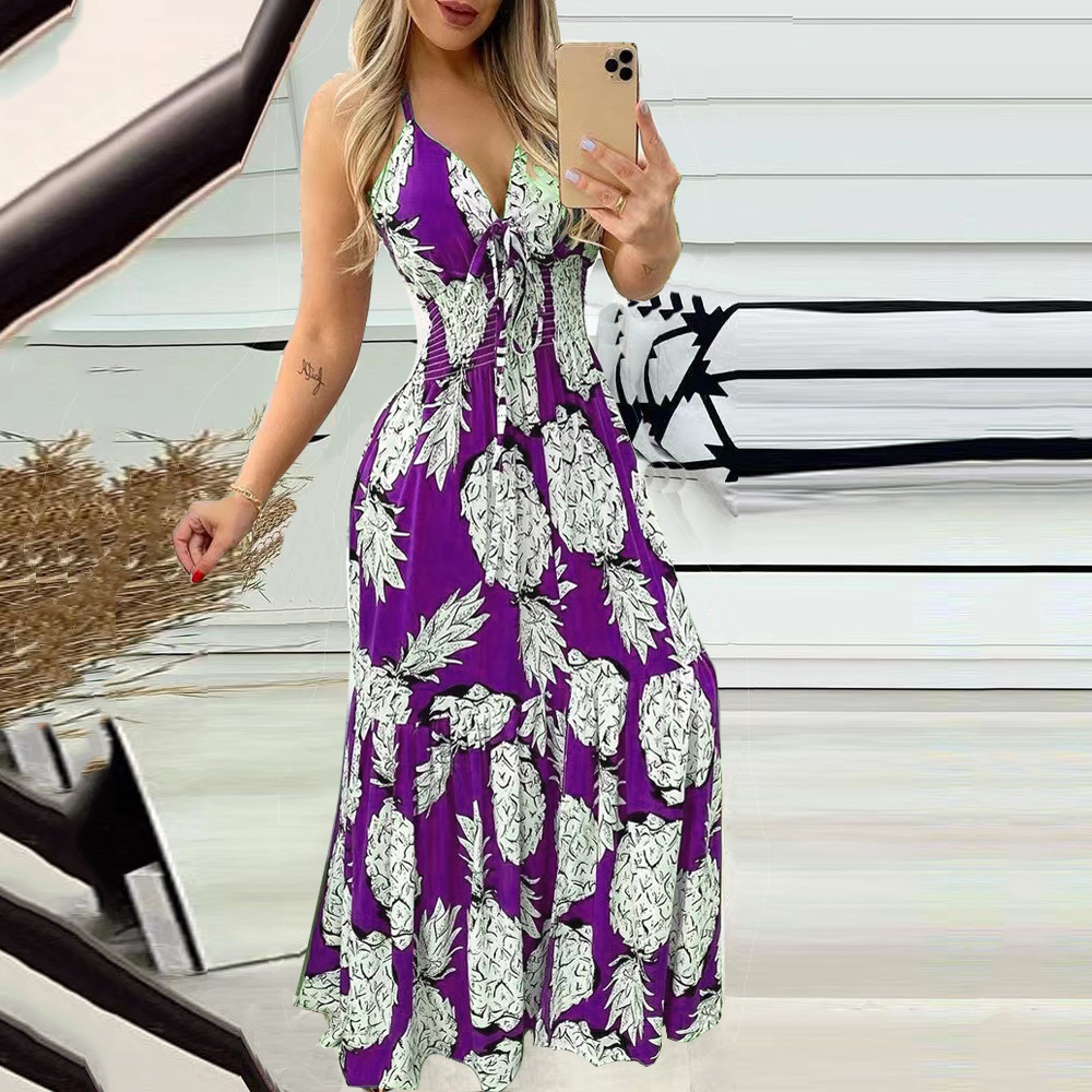 Printing, Pleated Design Casual Style Wholesale Women'S Casual Printing Pleated Pineapple Street V Neck Sleeveless Strap Dress