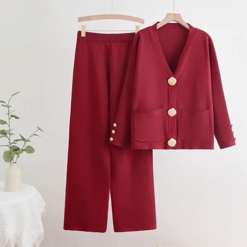 Cross-border Foreign Trade Autumn and Winter New V-neck Single Row Metal Button Cardigan Top Wide Leg Pants Knitted All-match Two-piece Set