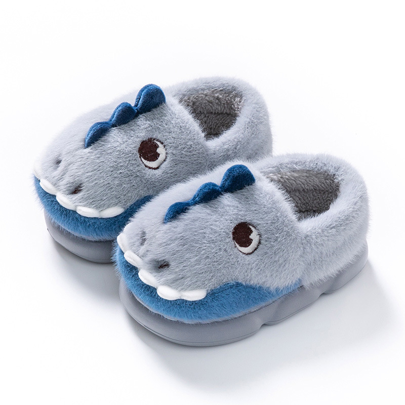 [Otoño e invierno nuevo] Zapatillas de lana para niños de invierno dibujos animados lindo dinosaurio bolsa talón Zapatillas de algodón para niños calientes