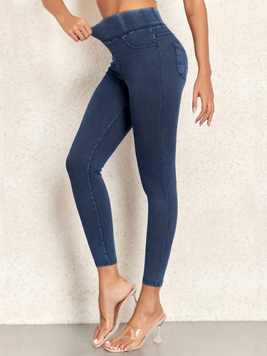 European-style faux denim yoga fitness leggings for women, slimming, lifting buttocks, elastic tight pants, high-waisted, tummy control, Barbie pants with pockets