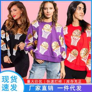 Spring and Autumn Amazon European and American Cross-Border New Shooting Sequined Embroidered Sweatshirt European and American Round Neck Long-Sleeved Jacket Tops for Women