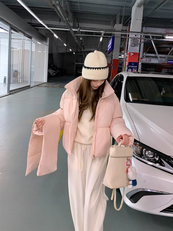 欧货2025圆领带围脖短款棉服女冬季新款宽松加厚面包服外套|undefined