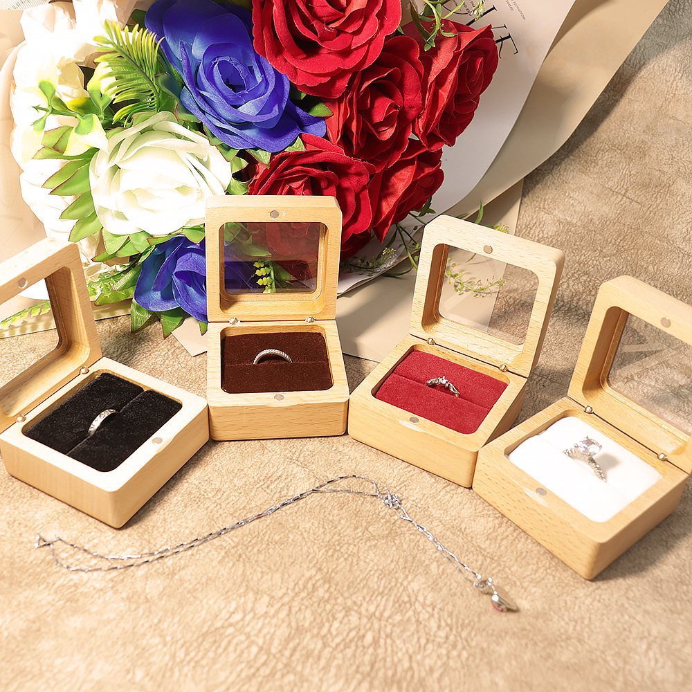 开窗亚克力榉木求婚对戒盒倒角钻戒戒指首饰收纳礼品包装女耳钉盒