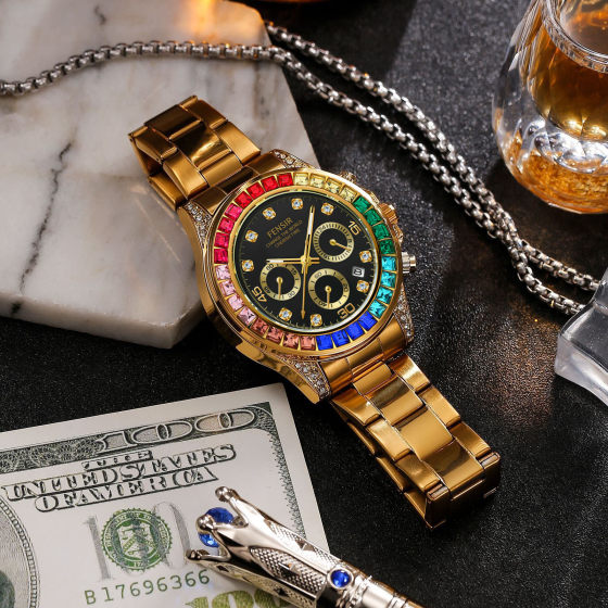 Rainbow Di Hollow Fake Mechanical Watch Watch Men's Luminous Calendar Bilateral Butterfly Buckle Waterproof Shake Tone Fast Hand Cross-border