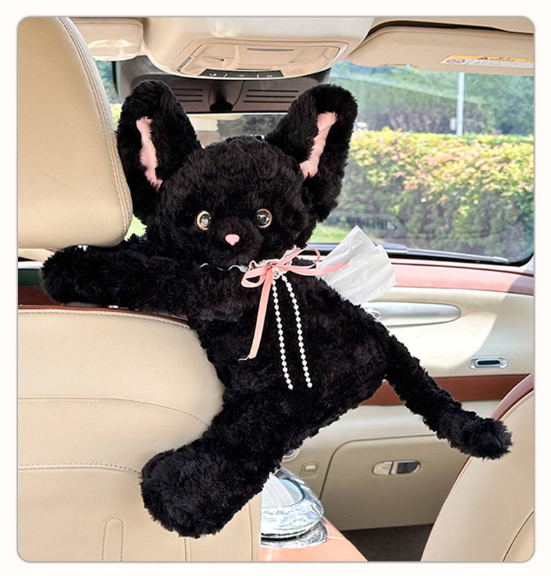 New cat-themed car tissue box, creative car tissue hanging bag, cartoon plush toy car-mounted tissue dispenser