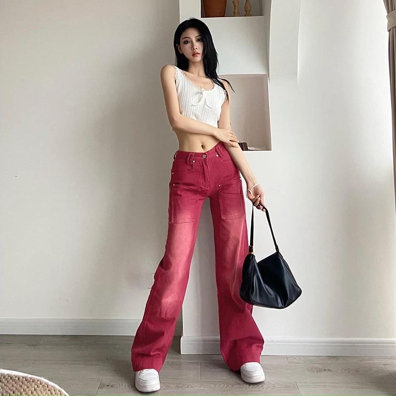 Western Jeans Hot Girl European and American Retro Red Washed Gradient High Waist Slimming Design Sense Distressed Wide Leg Floor Pants