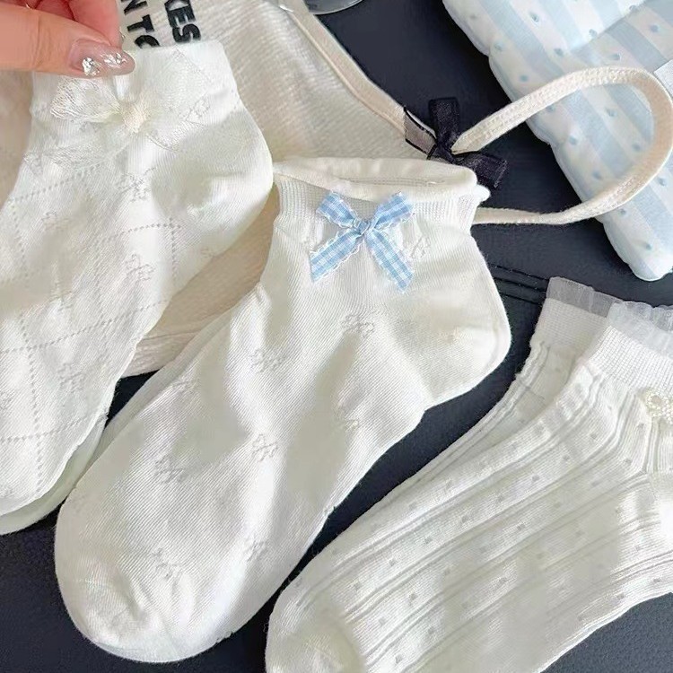 早春の新型蝶結びの白い靴下の女性の巻き取りjk靴下の夏の超薄通気綿の靴下の日本の船の靴下|undefined