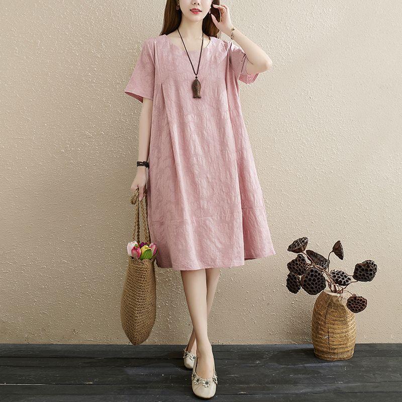 Cotton and Linen Jacquard Mid-Length Dress 2026 New Plus-Size Korean Style Casual Loose Short-Sleeve Elegant A-Line Dress Trendy Cotton and Linen Jacquard Mid-Length Dress 2026 New Plus-Size Korean Style Casual Loose Short-Sleeve Elegant A-Line Dress Trendy