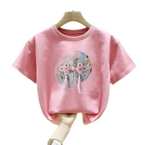 2395 Girls Summer Short Sleeve T-Shirt for Older Children, National Style and Trendy, Versatile Half Sleeve Children's Top, Sweet for Kids