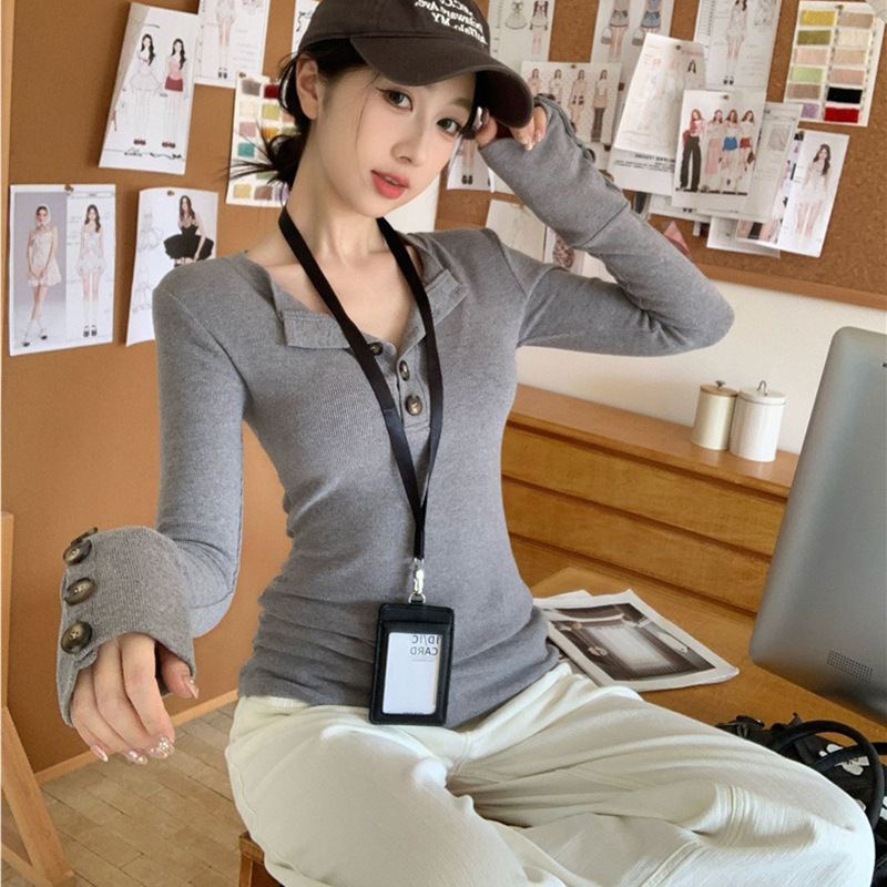 Trendy Henley V-Neck Button Versatile Long-Sleeve Regular Shoulder T-Shirt Base Shirt Autumn Winter Waist-Slimming Top