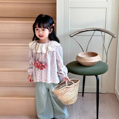 Girls Korean shirt jeans 2025 spring new children's flower baby dot shirt denim wide legs