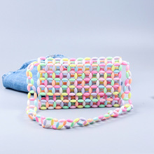 新品手工串珠混色亚克力鸡蛋珠多彩格子翻盖横款清新甜美单肩包