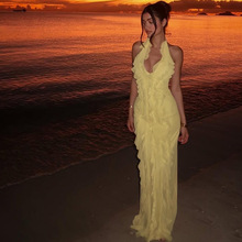 2025跨境欧美夏季女装时尚吊带无袖露背荷叶边深V性感包臀连衣裙