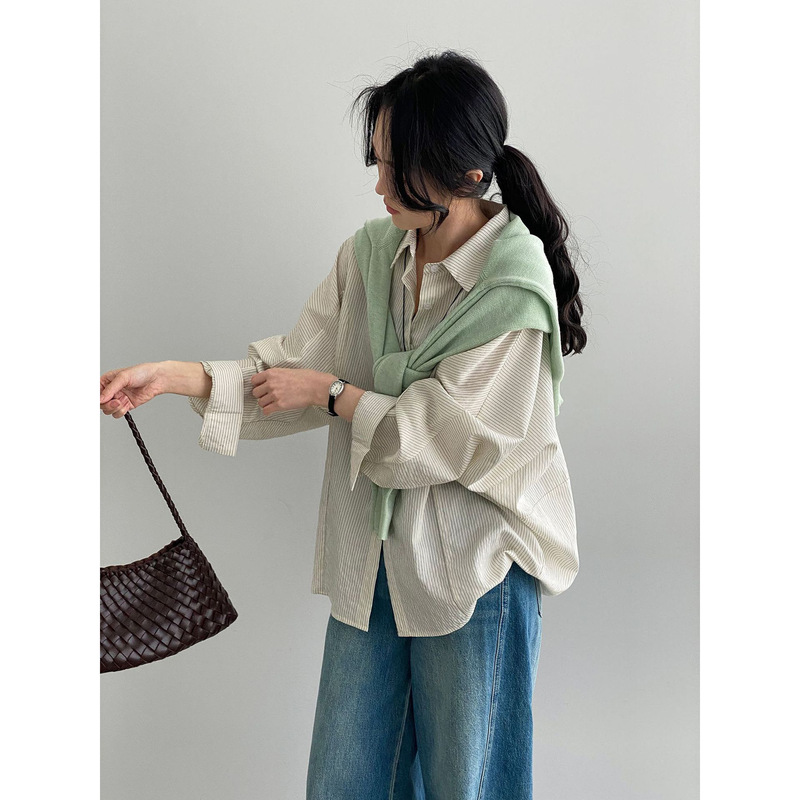That's It for the Translation. Here's the English Version: Vertical Stripes~Korean Chic Lazy Striped Simple Shirt with Texture Layered Top for Women 5081 That's It for the Translation. Here's the English Version: Vertical Stripes~Korean Chic Lazy Striped Simple Shirt with Texture Layered Top for Women 5081