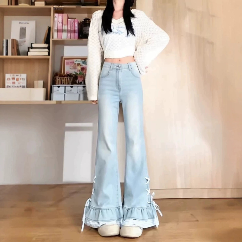 Light Blue Bow-Tie Tie-Waist Flared Jeans 2026 Summer Thin Low-Waist Slim-Fit Drapey Bootcut Pants Light Blue Bow-Tie Tie-Waist Flared Jeans 2026 Summer Thin Low-Waist Slim-Fit Drapey Bootcut Pants