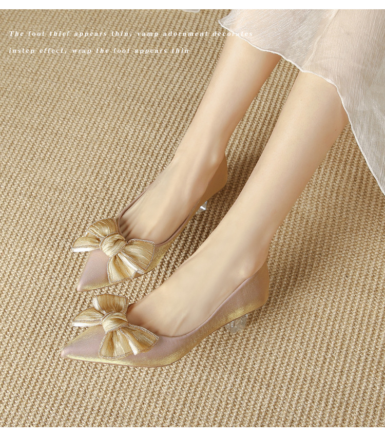 Niche design temperament single shoes women's wedding shoes bridal shoes thick heels high heels bow pointed toe French small heels_voghion.com