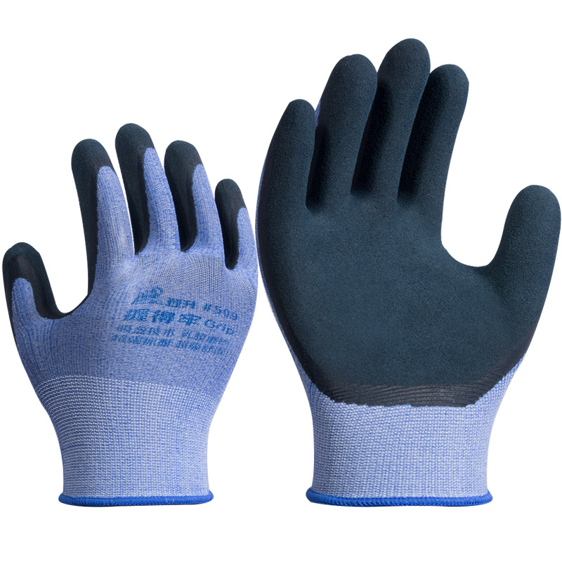 Guantes de protección laboral al por mayor de fábrica sostienen firmemente #509 látex esmerilado recubrimiento resistente al desgaste antideslizante sumergido guantes de sitio de construcción