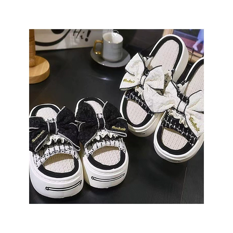 Summer slippers, high non-slip slide, cute footwear with bow, Chanel style