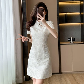 2024夏季新中式国风女装复古高级感改良旗袍显瘦小个子白色连衣裙