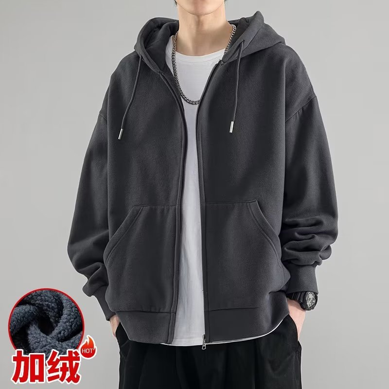 学生拉链加绒卫衣休闲ins开衫宽松型青春流行连帽男2023纯色秋冬