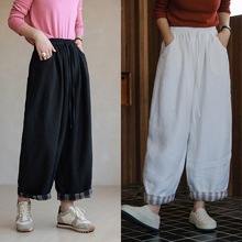 新款汉麻夹棉松紧腰抽绳双层格子拼接文艺百搭休闲棉裤三季可穿