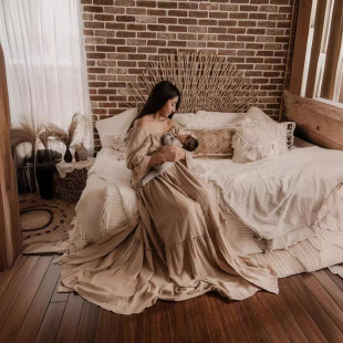 European and American Women's Clothing Button Bubble Sleeve Pregnant Women's Cross-border Dress Photography dress 1244