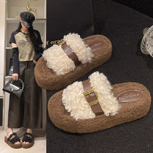 新款平底皮带扣卷毛一字拖鞋休闲网红款式软底家居女士外穿毛拖鞋
