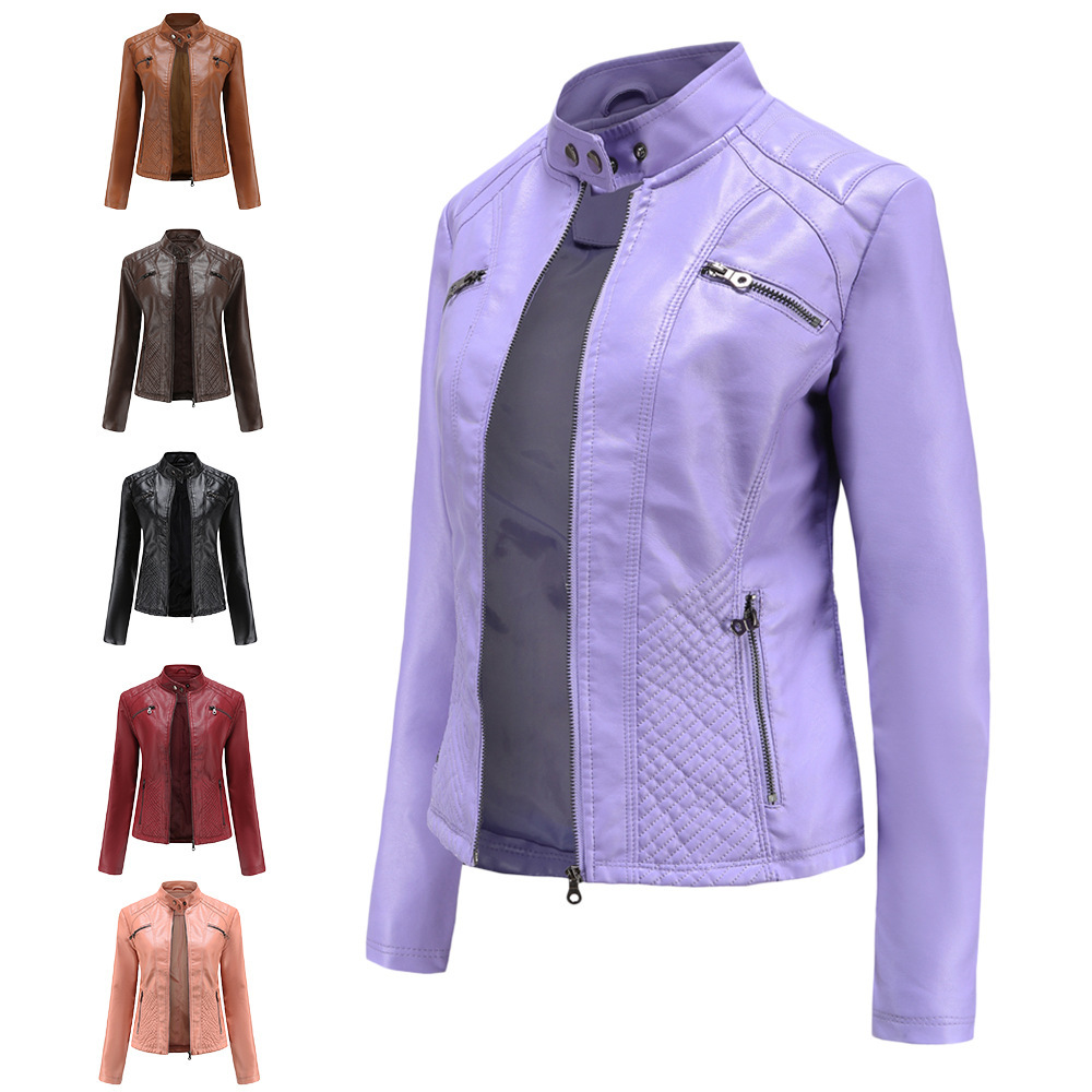 2023 New Ladies Casual Leather Clothes Stand Collar Jacket European American Slim Coat Women Spring Autumn Solid Female Leather Jacket