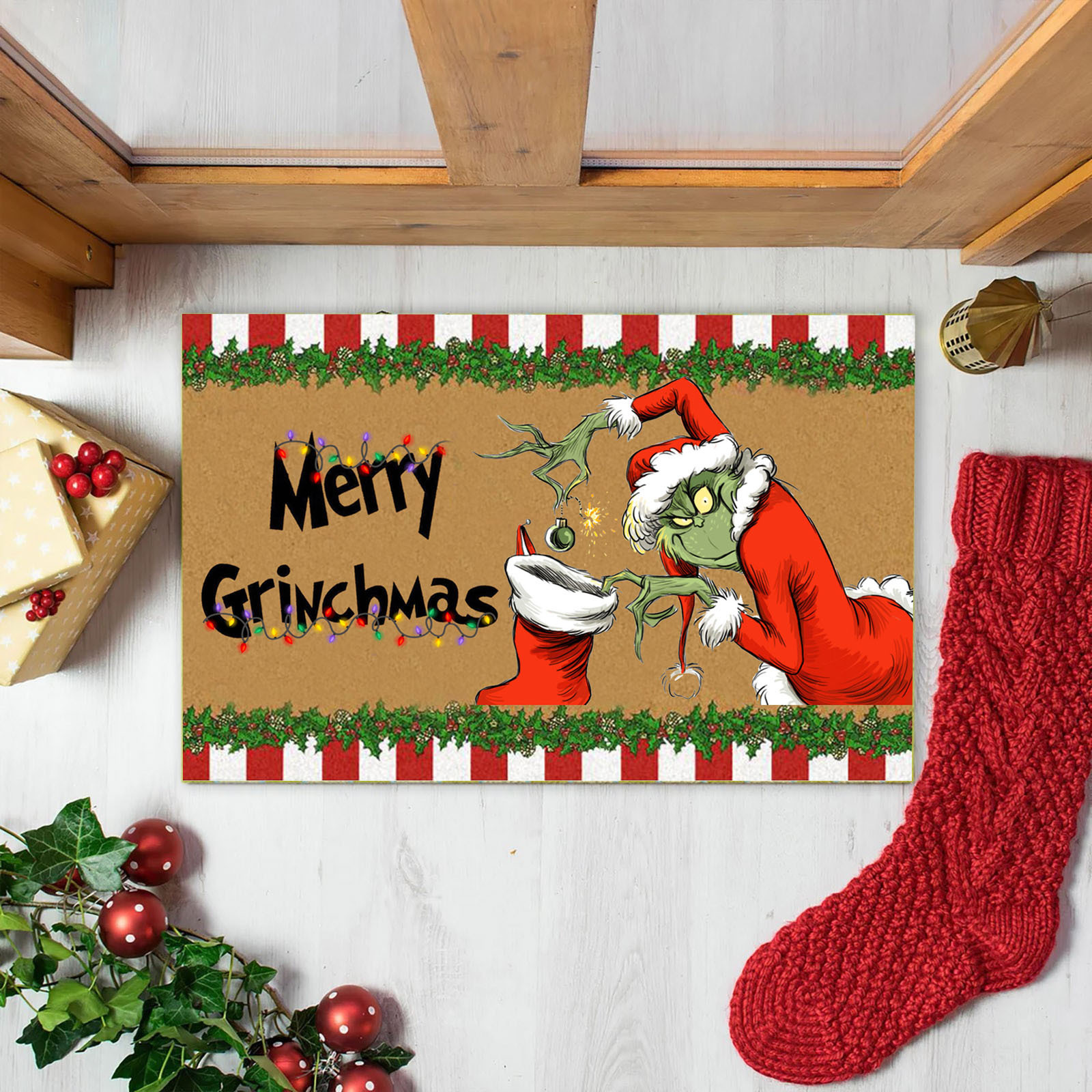 En stock Grinch alfombra del piso transfronterizo alfombra de Navidad alfombra de puerta de vacaciones verde payaso alfombra del piso