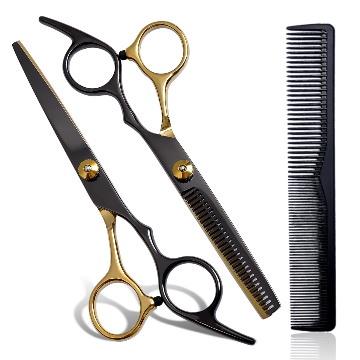 Tijeras de peluquería al por mayor de fábrica, tijeras de peluquería, flequillo plano, corte de pelo fino, corte de dientes, tijeras de oro negro, juego de corte de pelo