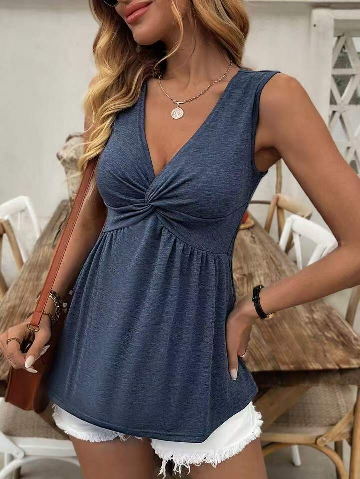 Women's Sleeveless V-Neck Vest T-Shirt With Twisted Pleats Waist Cinching Summer Fashion Tank Top_ecoleips.com