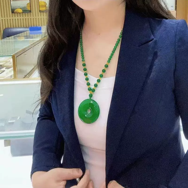 高档祖母绿色玉石玉髓平安扣大号帝王绿玉坠挂坠毛衣链长款