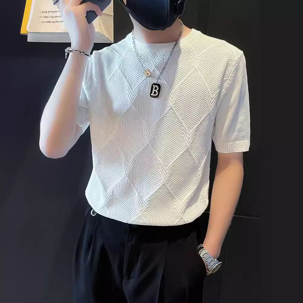 Spring and Autumn Short-sleeved Sweater Men's Trendy Light Luxury Knitted Sweater Men's Rhombic Jacquard T-Shirt Top