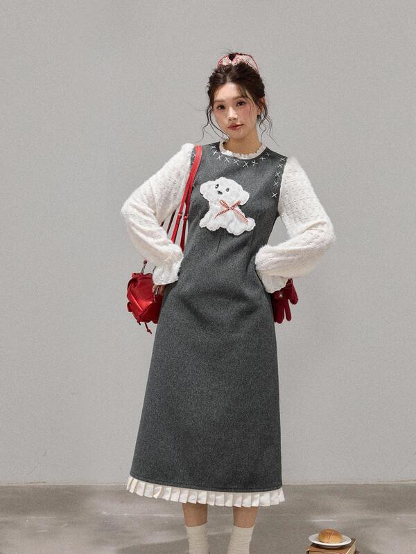 Plus Size Women's Clothing for Fat Girls Gray Puppy Knitted Vest Fake Two-Piece Dress Mesh Lace Stitching Round Neck