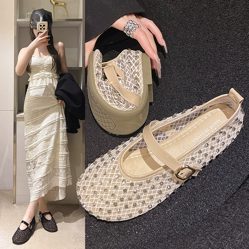 Женские туфли с круглым носком, плоской подошвой, сетчатые, с камнями, летний новый стиль 2025, на одной лямке, дышащие, ажурные, в стиле Мэри Джейн.