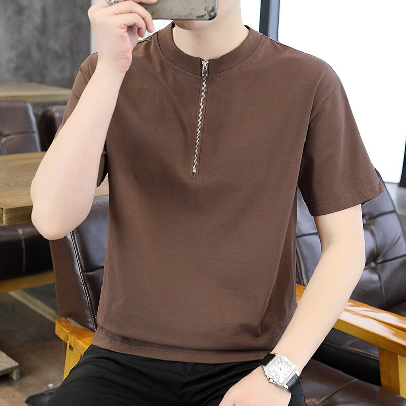 Zipper Cuban Collar Youth Short-Sleeved T-Shirt 2025 Summer New Trendy Versatile Half