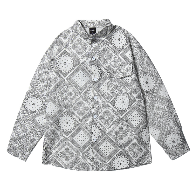 日系复古腰果花满印长袖衬衣男女潮牌街头宽松bf风休闲外套薄款|ms