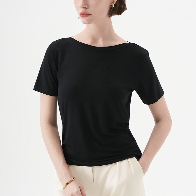 CANVAUS verano simple y suave camiseta glutinoso para mujer nueva versión coreana de color sólido cuello de una línea casual de manga corta jersey para mujer