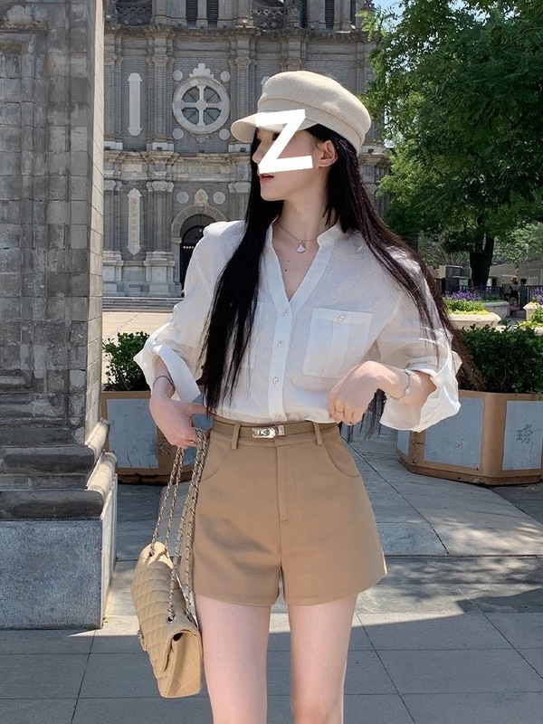 白色口袋衬衫套装女高腰显瘦短裤两件套装2025气质淑女|undefined