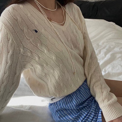 现货RL高版本拉夫V领麻花打底针织衫小马标刺绣套头毛衣女上衣
