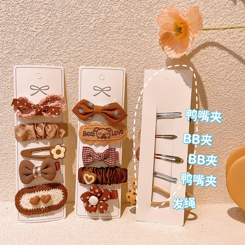 5 Pack Korean Style Milk Tea Color Sweet Fabric Bow Hair Clips for Kids, Cute Cartoon BB Clips for Little Girls, Edge Clips