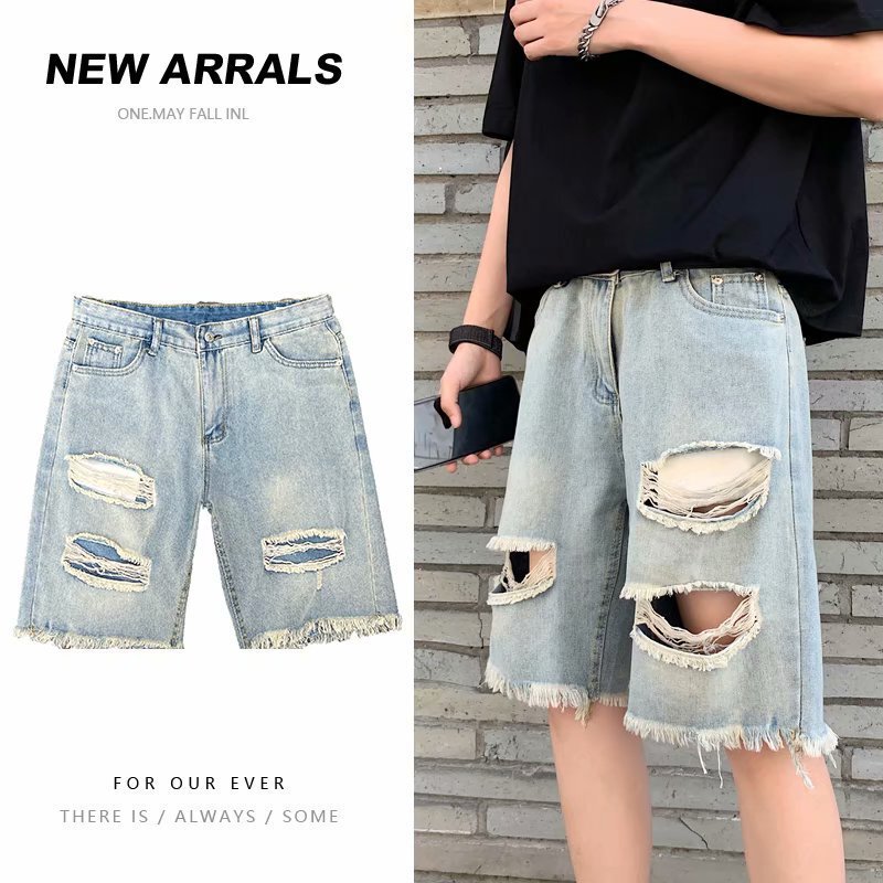 Vintage Beggar Denim Shorts Men's Ripped Trendy Five-point Pants Loose Straight Wide-leg Five-point Pants Mid-length Pants Capri Pants