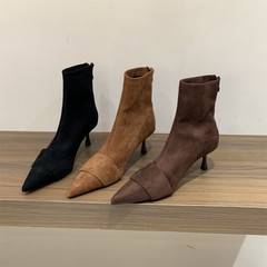 尖头高跟绒面瘦瘦短靴女靴子2025春秋季棕色气质配裙子法式小裸靴