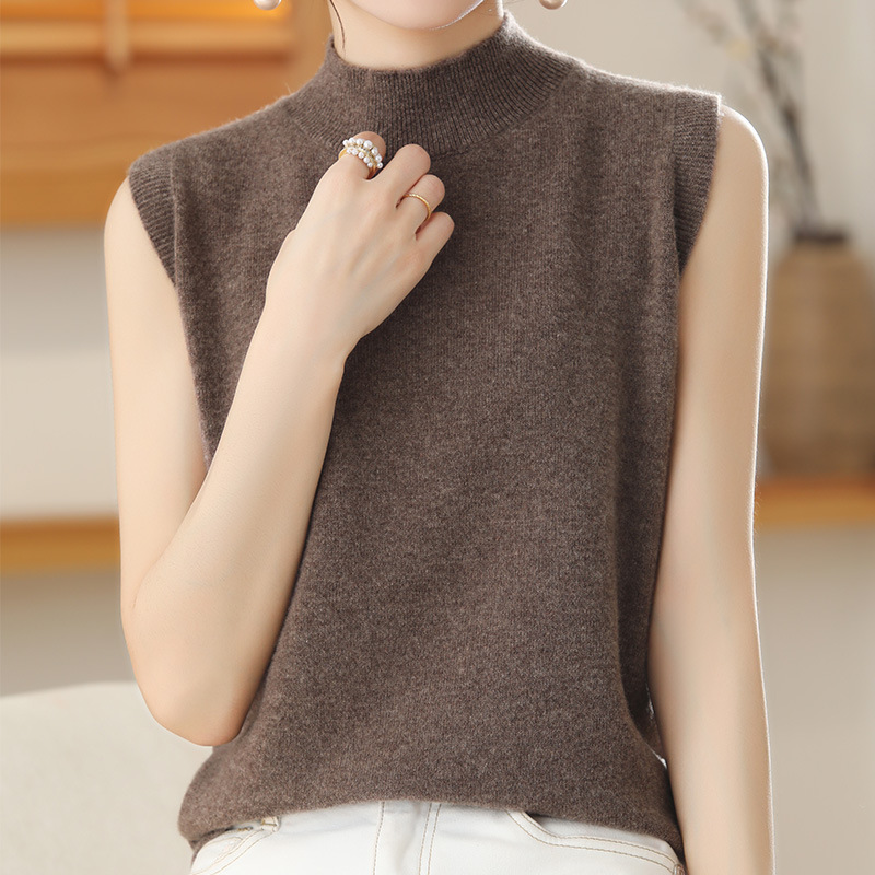 Spring and Summer New Pure Wool Sweater Women's Half-high Collar Sleeveless Knitted Base Vest Half-high Collar Fashion Slim-fit Vest