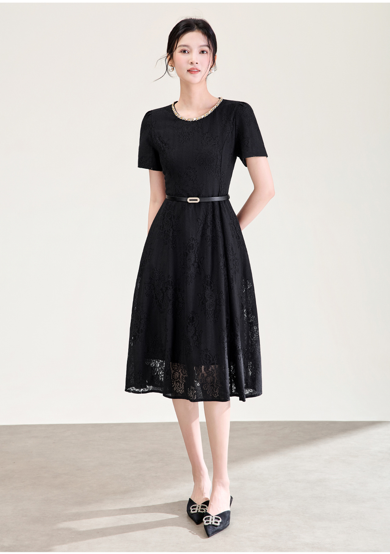 Đầm suông nữ midi thắt eo ren đính đá jacquard chữ A — màu đen chi tiết 4