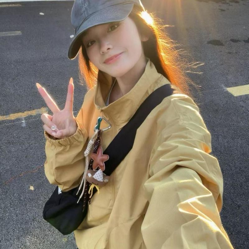 春秋2025穿搭美式复古黄色立领冲锋衣外套女韩版宽松学生百搭夹克|undefined